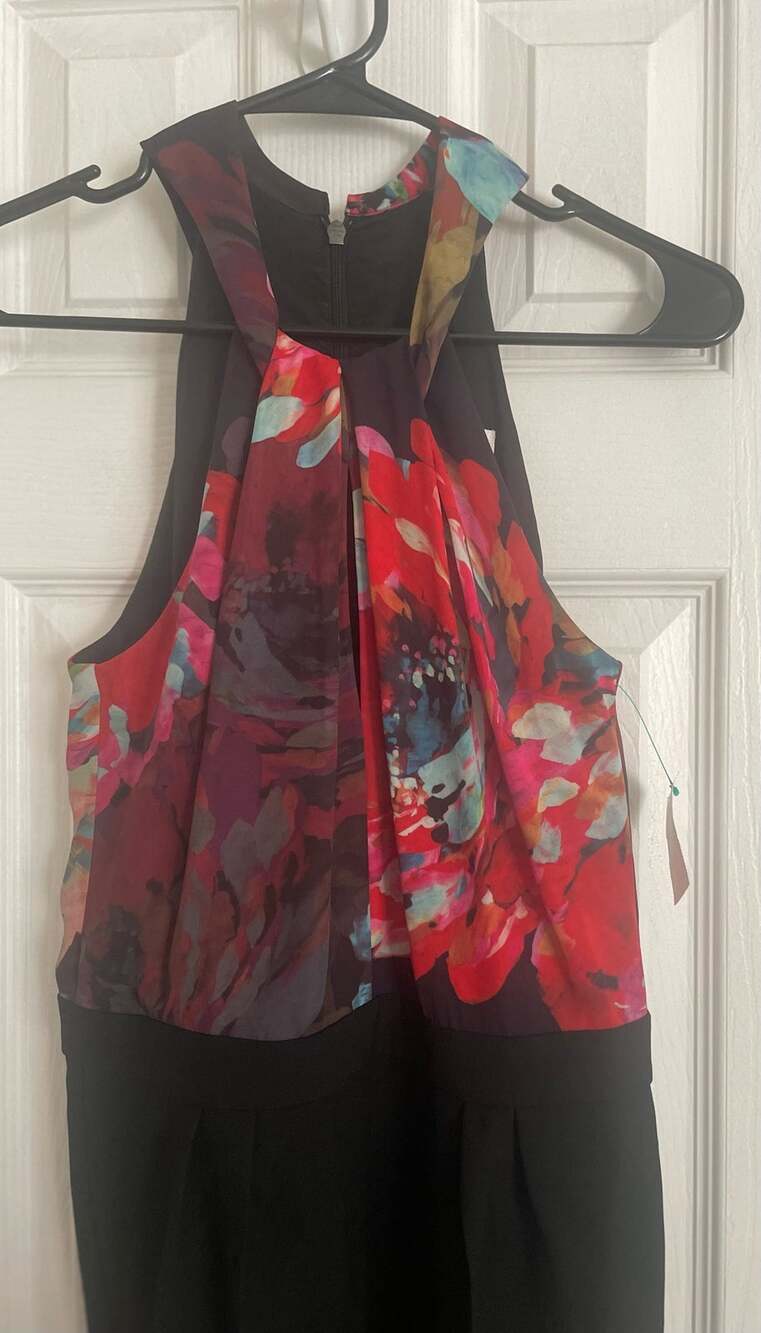 Trina Turk Size 2 Black Floral Print Halter Neck Atwood Pleated Jumpsuit, B92